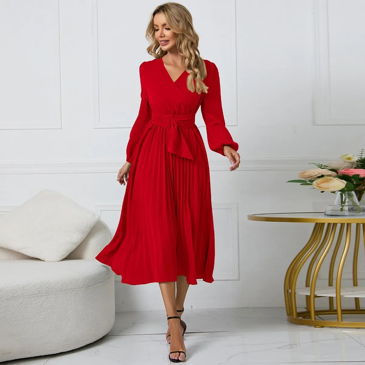 TIOZONEY - Vestido Largo manga larga Mujer - Rojo