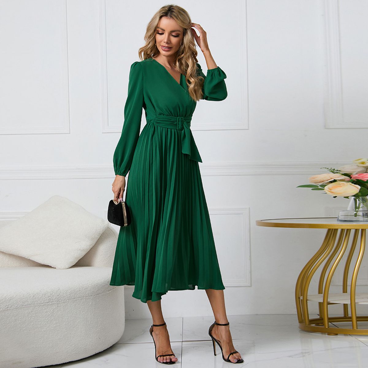 TIOZONEY - Vestido Largo  manga larga Mujer- Verde