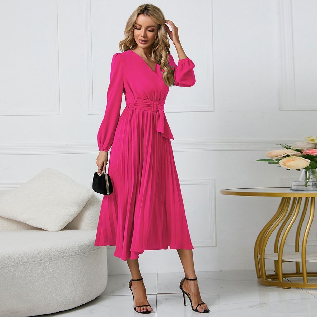 TIOZONEY - Vestido Largo  manga larga Mujer- Rosado