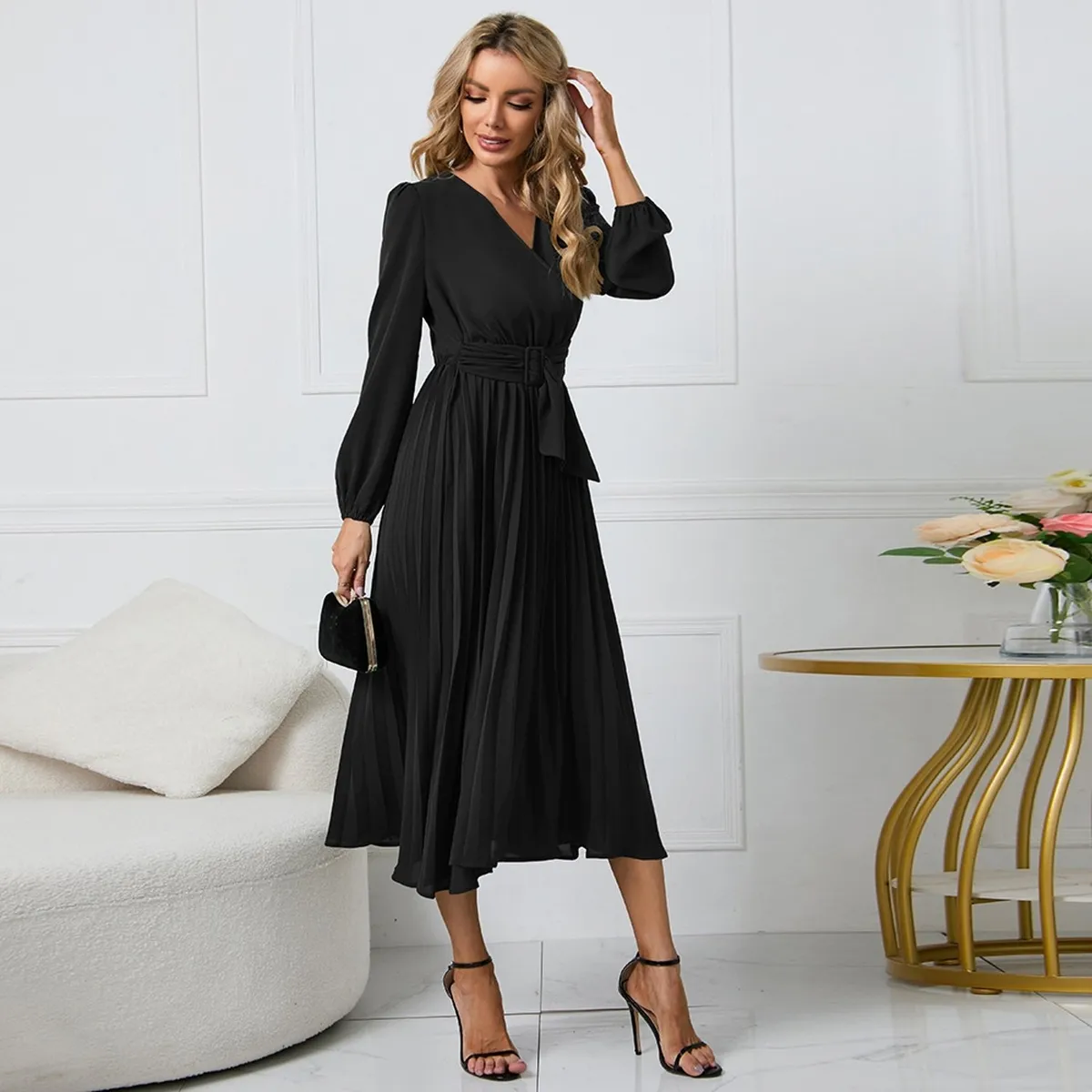 TIOZONEY - Vestido Largo  manga larga Mujer- Negro