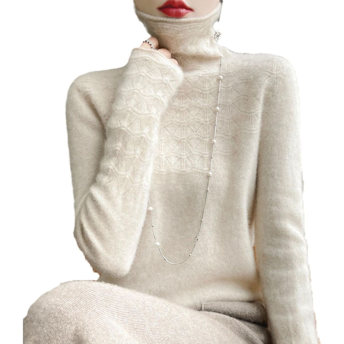 TIOZONEY - Suéter de cuello alto de Cachemira -Blanco