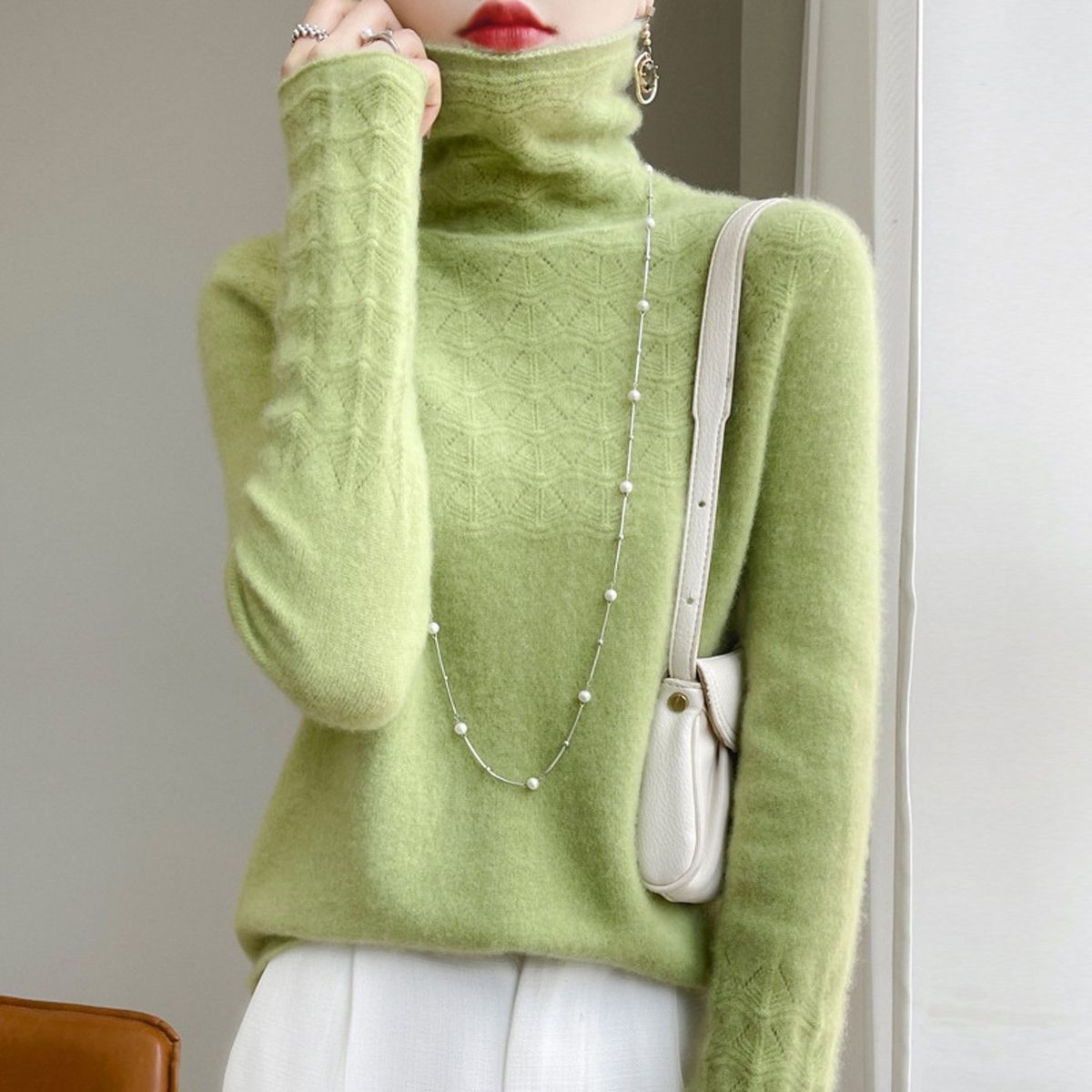 TIOZONEY - Suéter de cuello alto de Cachemira -Verde