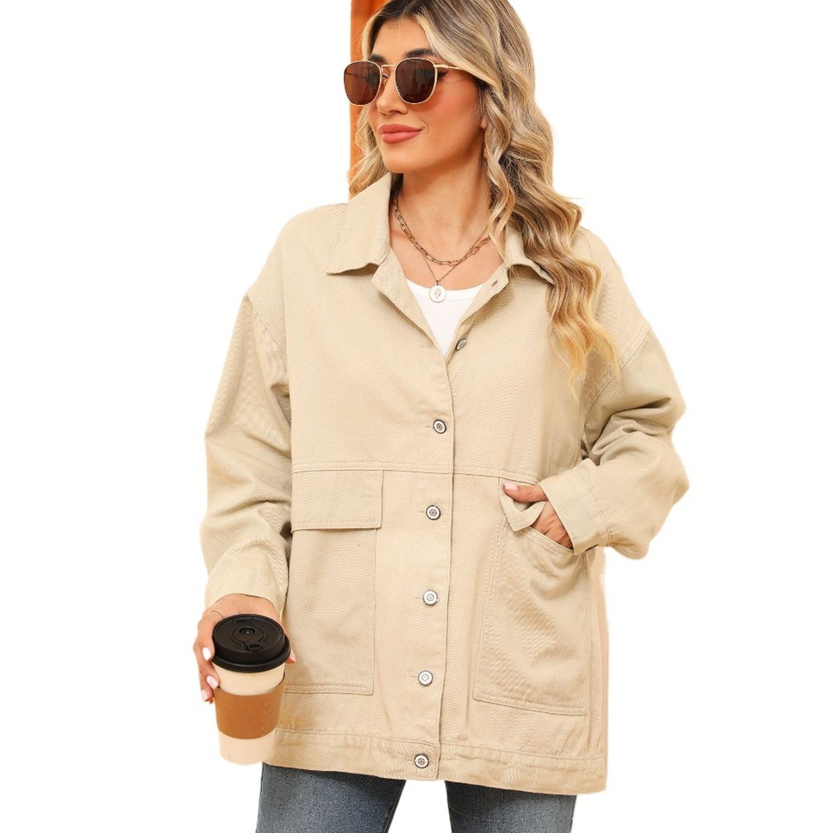 TIOZONEY - Chaqueta de Jeans Mujer -Beige