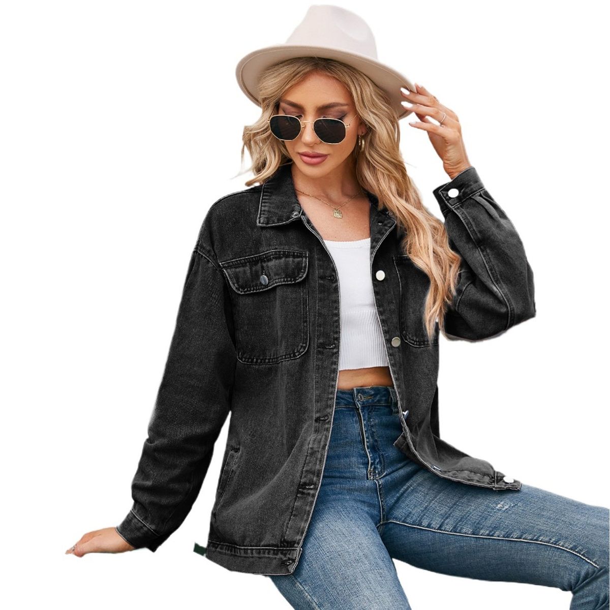 TIOZONEY - Chaquetas De Jeans Mujer -Negro