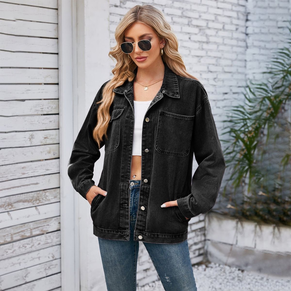 TIOZONEY - Chaquetas De Jeans Mujer -Negro