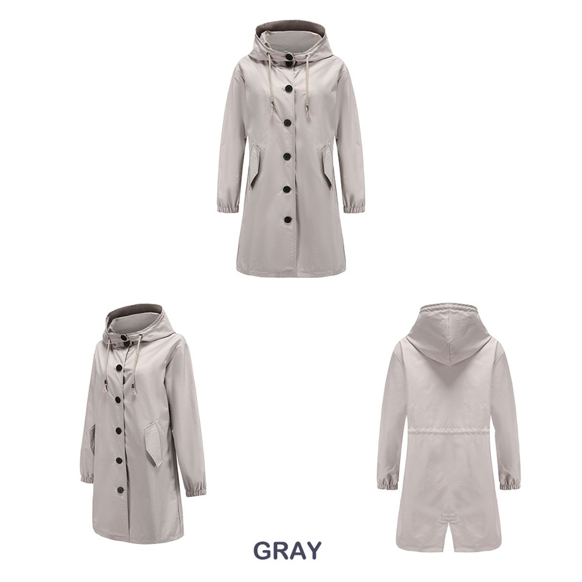 TIOZONEY - Cortavientos largo impermeable con gorro - Gris