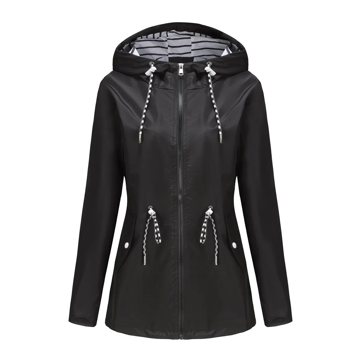 TIOZONEY - Cortavientos impermeable con gorro para mujer - Negro