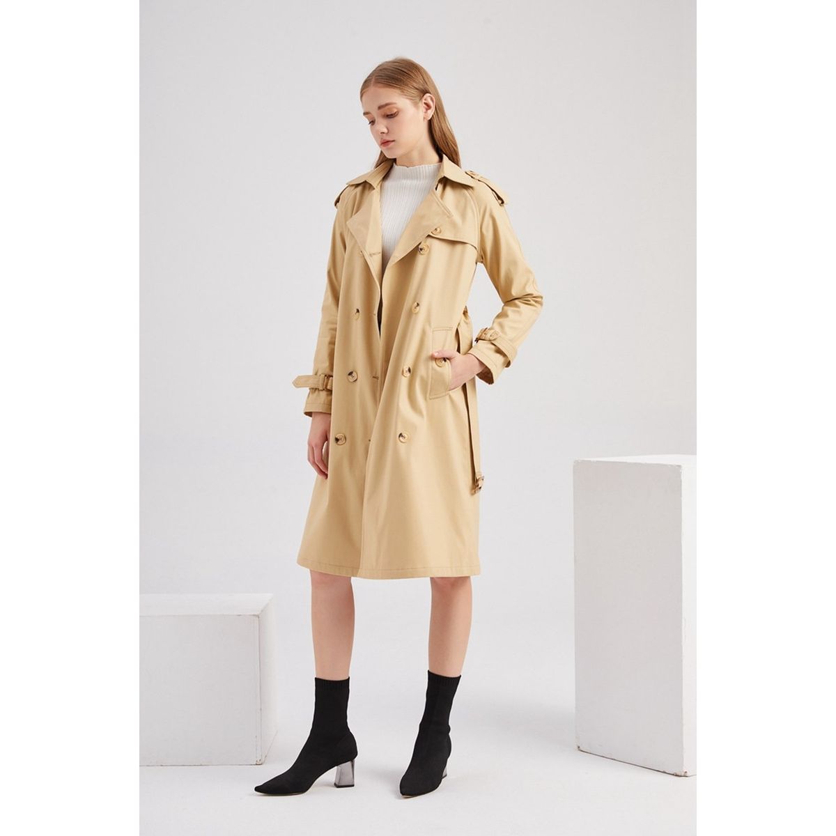 TIOZONEY - Abrigo largo tipo gabardina para mujer - Beige.