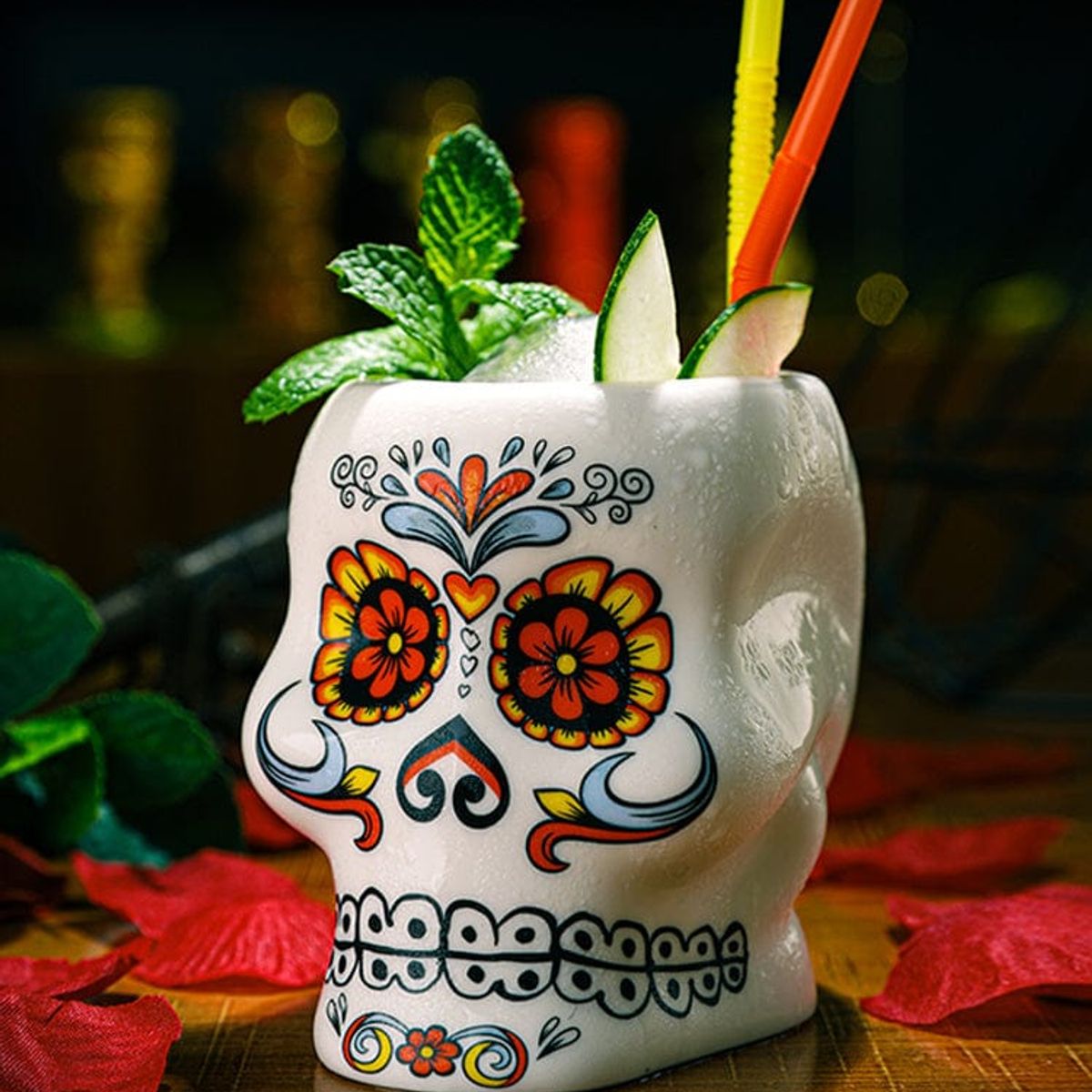 GENERICO - Soul-taza Tiki de cerámica con forma de calavera y flores 450ml