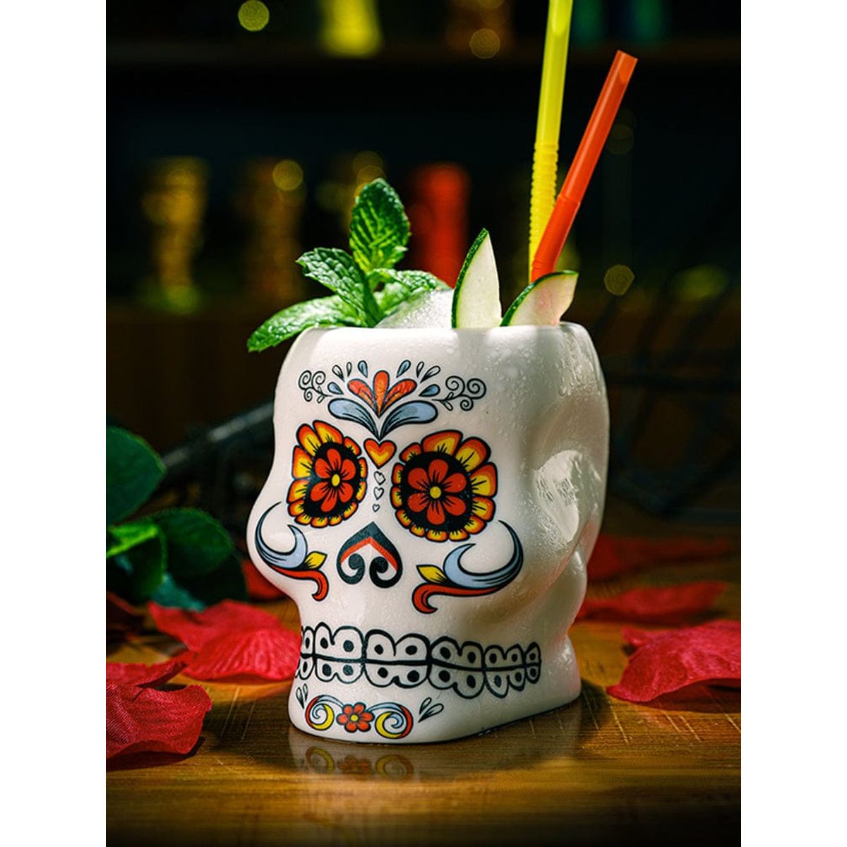 GENERICO - Soul-taza Tiki de cerámica con forma de calavera y flores 450ml