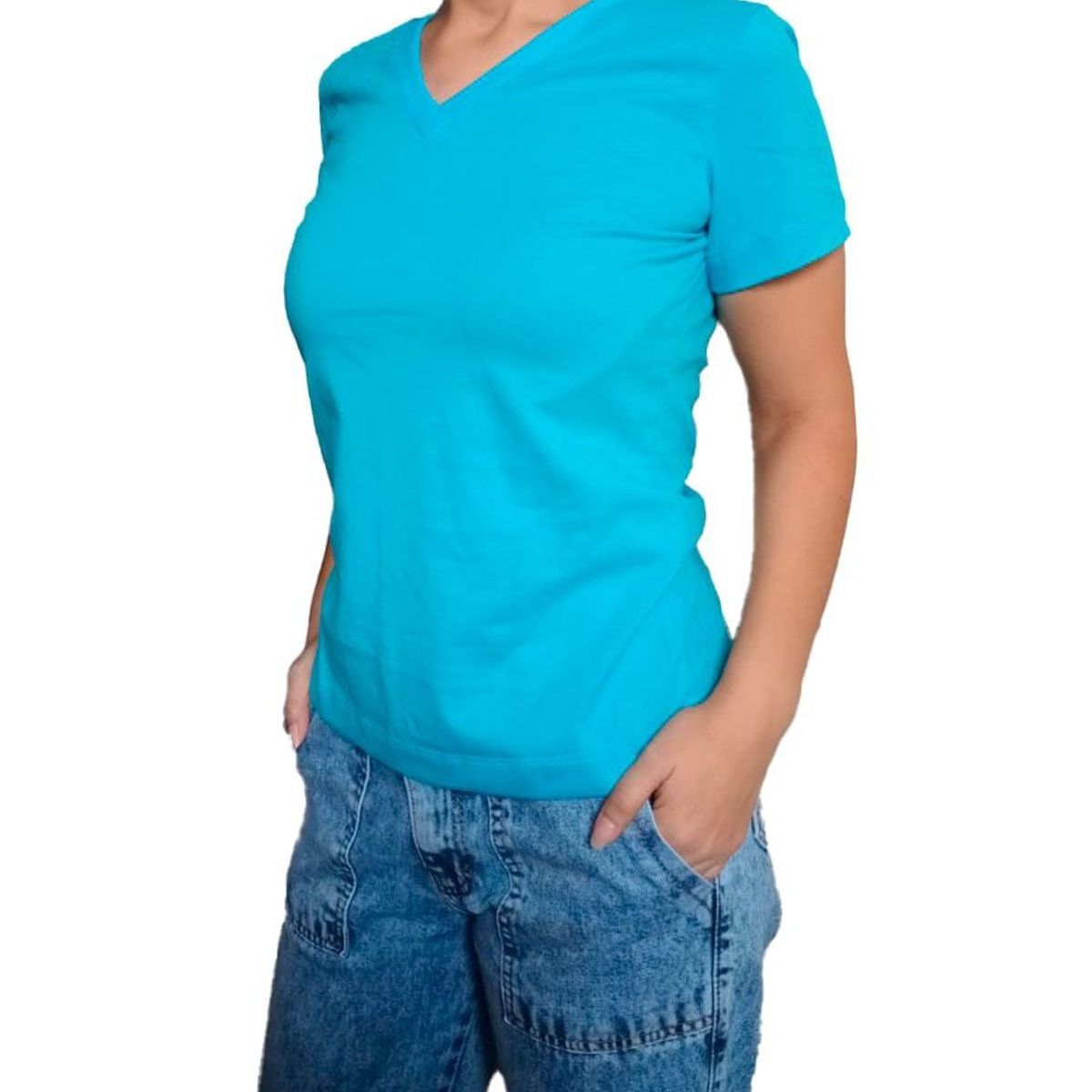 GENERICO - Polo mujer Básico cuello V - Nathalie Love It - Turquesa