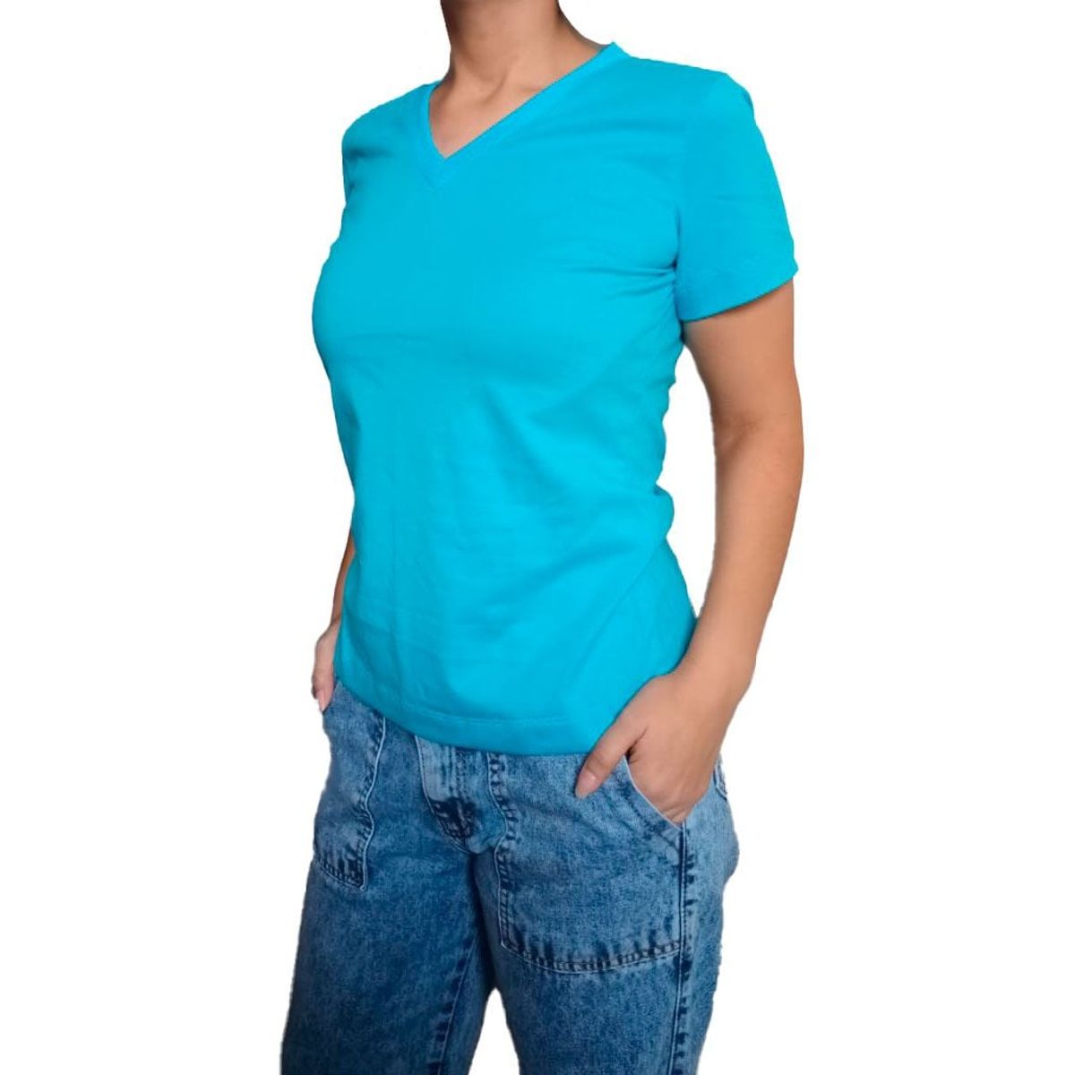 GENERICO - Polo mujer Básico cuello V - Nathalie Love It - Turquesa