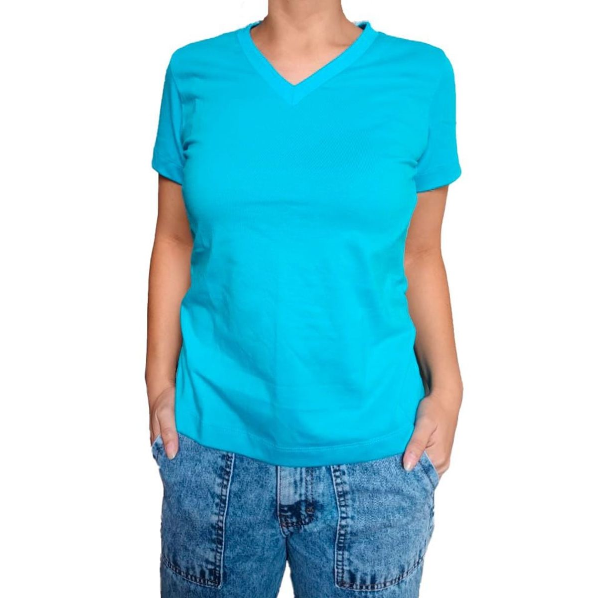 GENERICO - Polo mujer Básico cuello V - Nathalie Love It - Turquesa