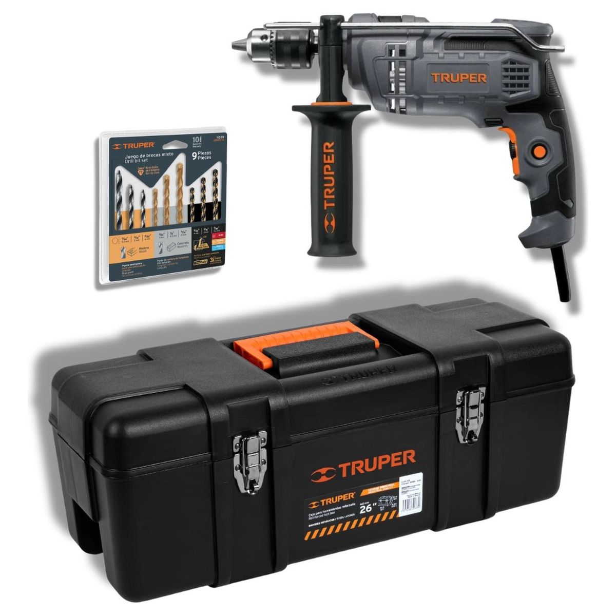 TRUPER - Taladro 650W + set de brocas + caja para herramientas truper