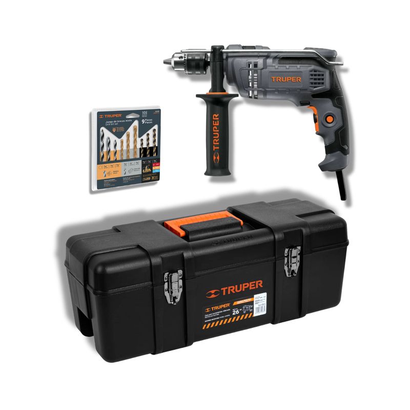 TRUPER - Taladro 650W + set de brocas + caja para herramientas truper