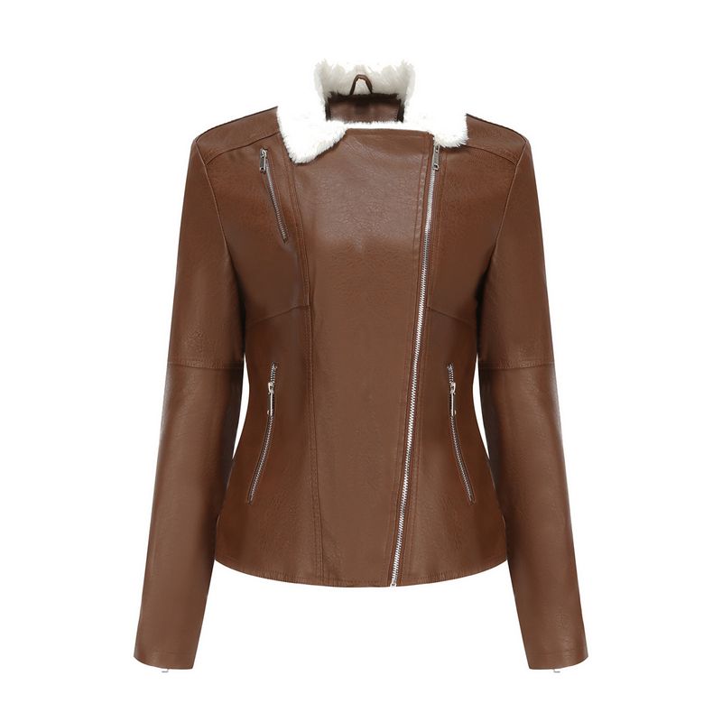 TIOZONEY - Chaqueta de PU con cuello cálido para mujer - Café