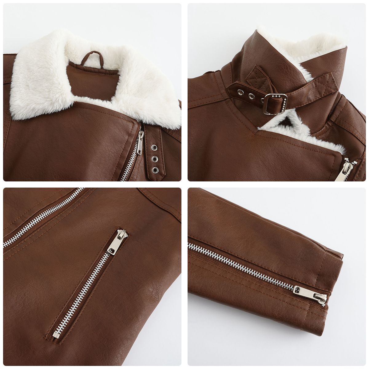 TIOZONEY - Chaqueta de PU con cuello cálido para mujer - Café