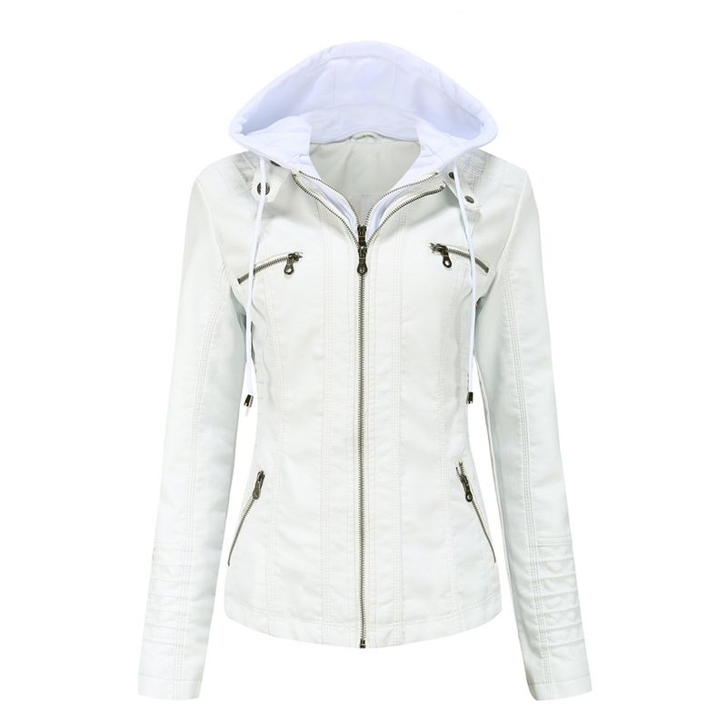 TIOZONEY - Chaqueta de cuero PU con gorro para mujer - Blanco