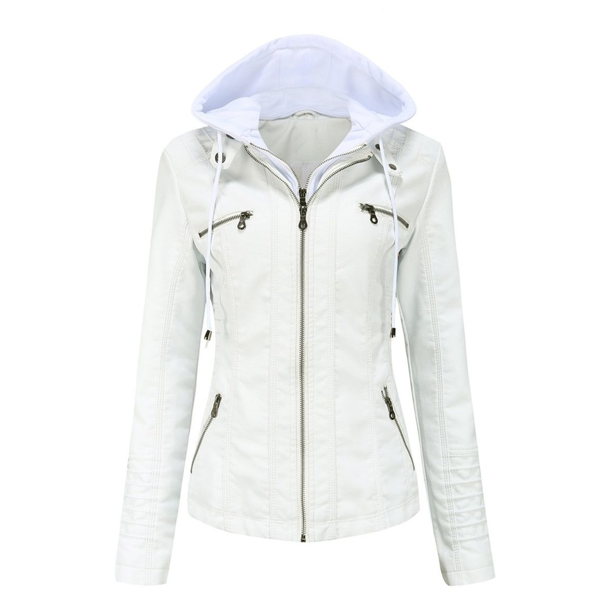 TIOZONEY - Chaqueta de PU con gorro para mujer - Blanco