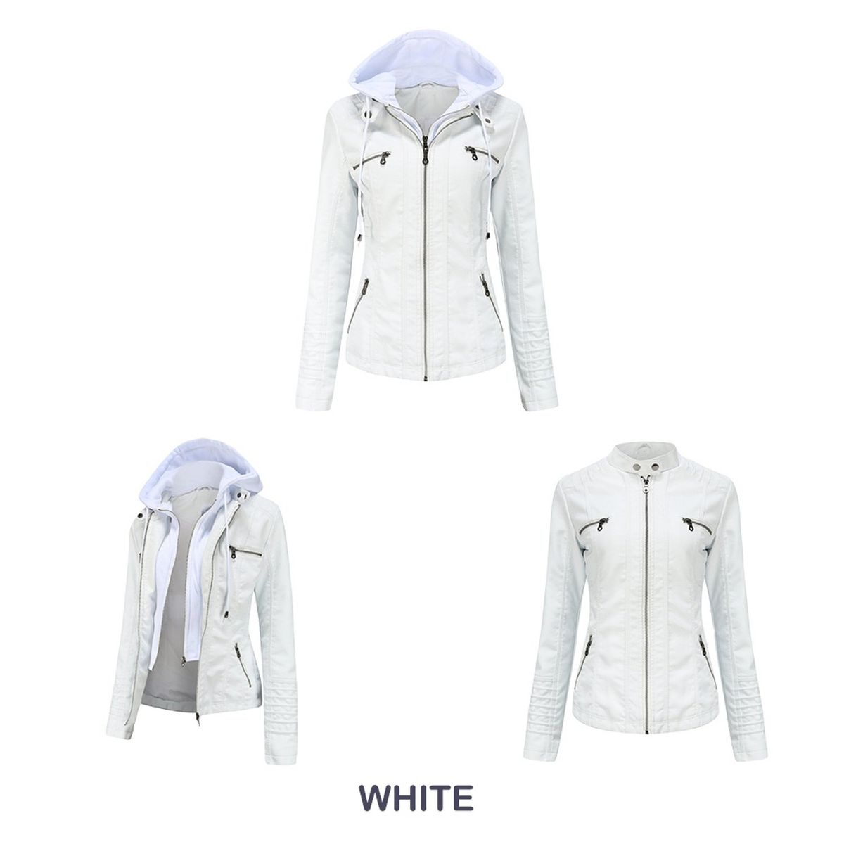 TIOZONEY - Chaqueta de PU con gorro para mujer - Blanco