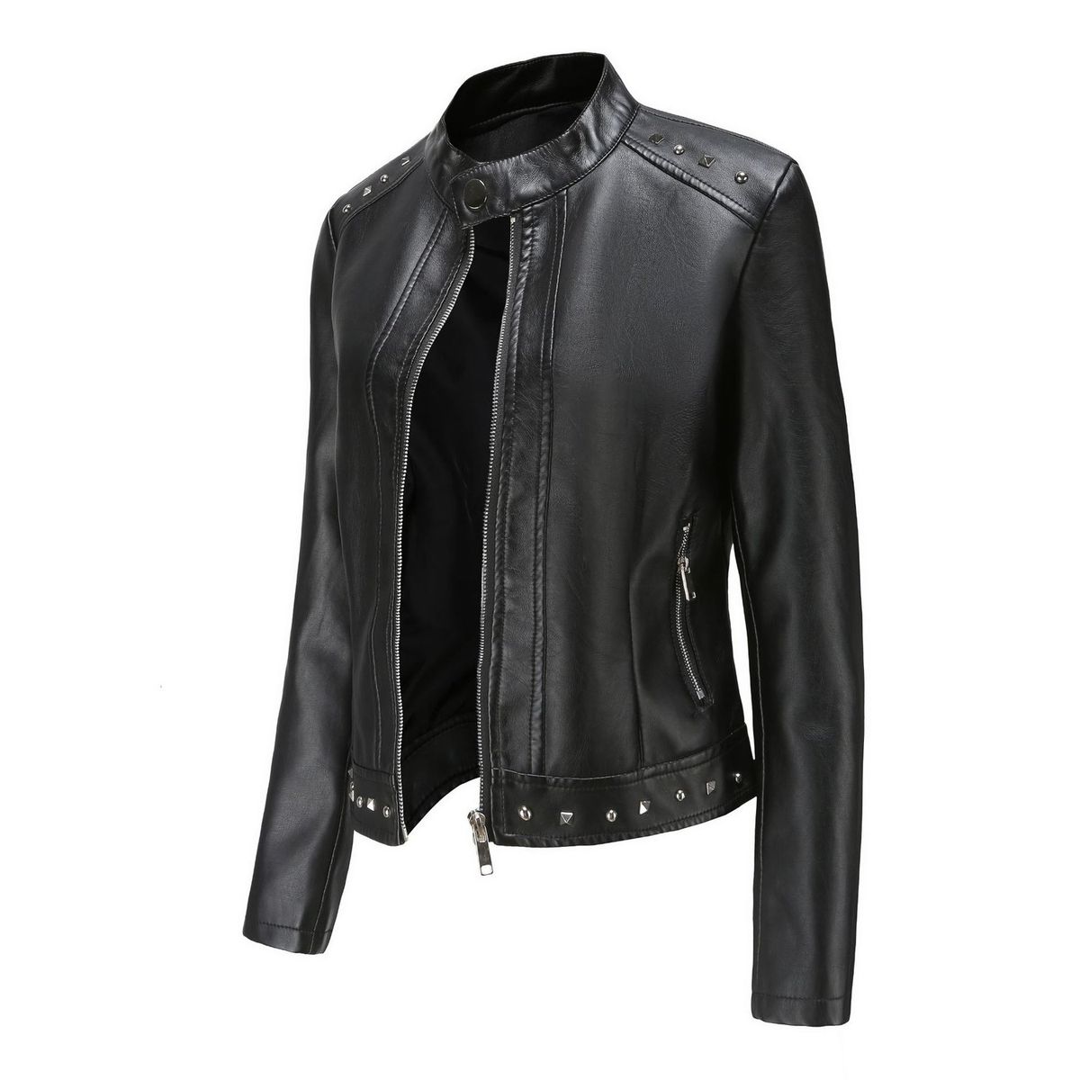 TIOZONEY - Chaqueta de PU con tachuelas y cuello alto para mujer - Negro