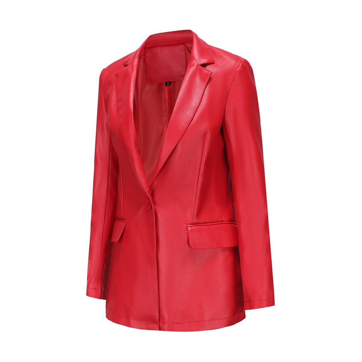 TIOZONEY - Abrigo de PU  de manga larga de color sólido para mujer - Rojo