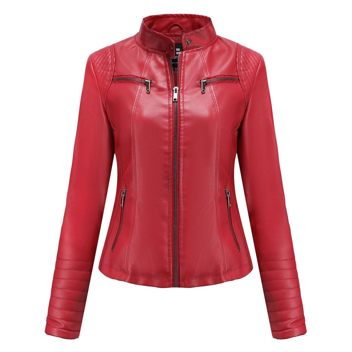 TIOZONEY - Chaqueta de PU casual PU cuello alto - Rojo
