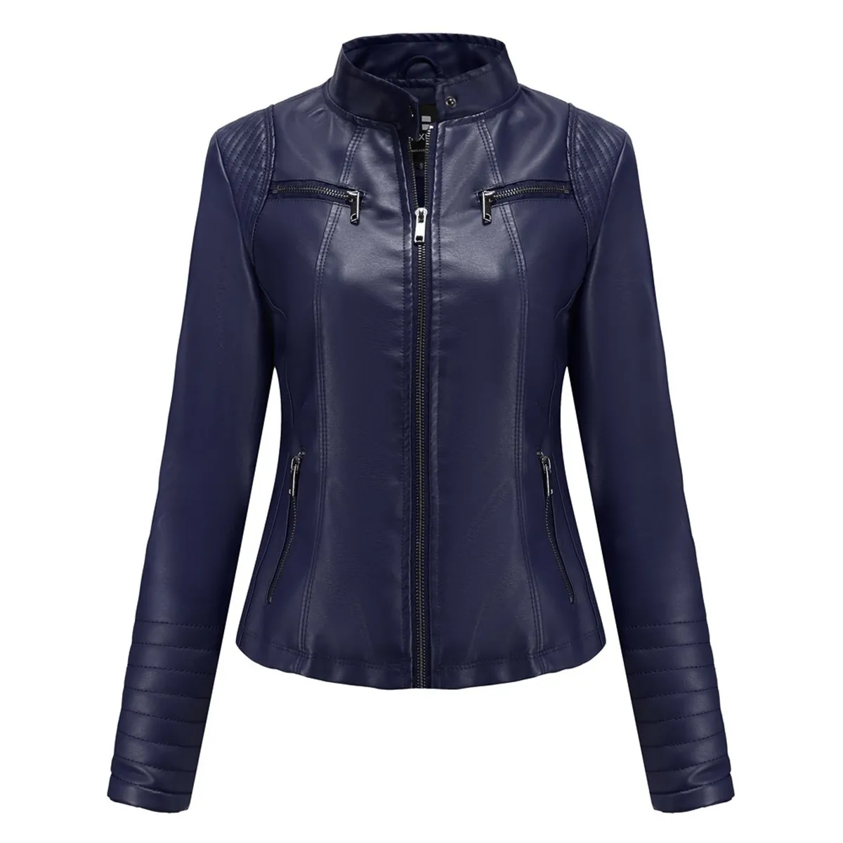 TIOZONEY - Chaqueta de PU casual PU cuello alto - Azul