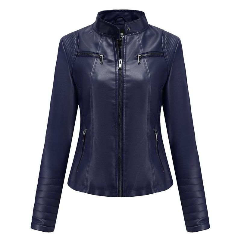 TIOZONEY - Chaqueta de cuero casual PU cuello alto - Azul