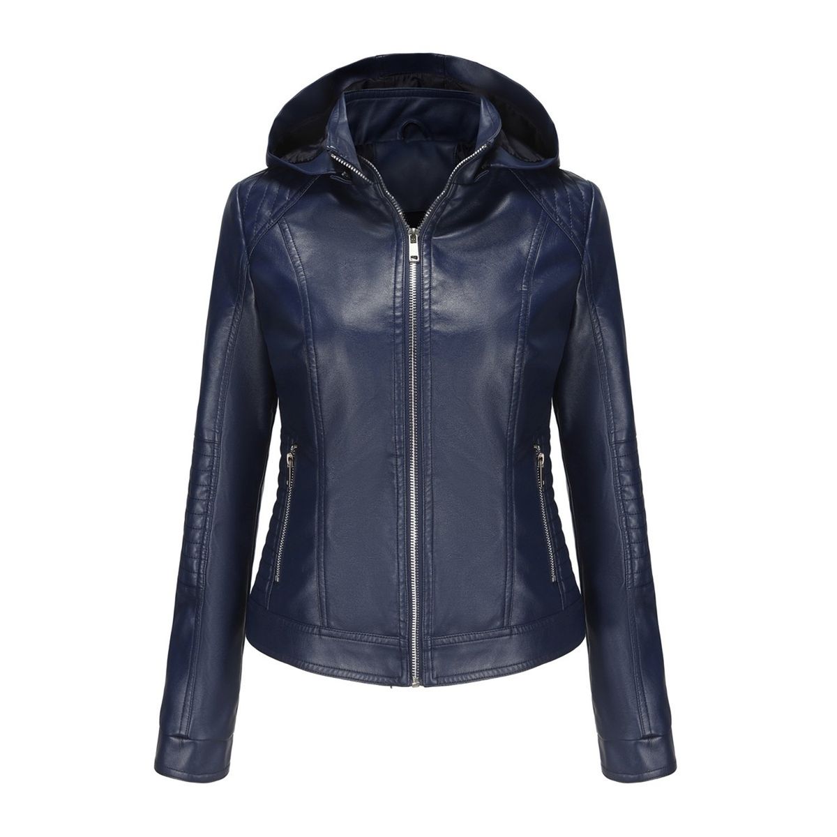 TIOZONEY - Chaqueta de PU con gorro desmontable para mujer - Azul