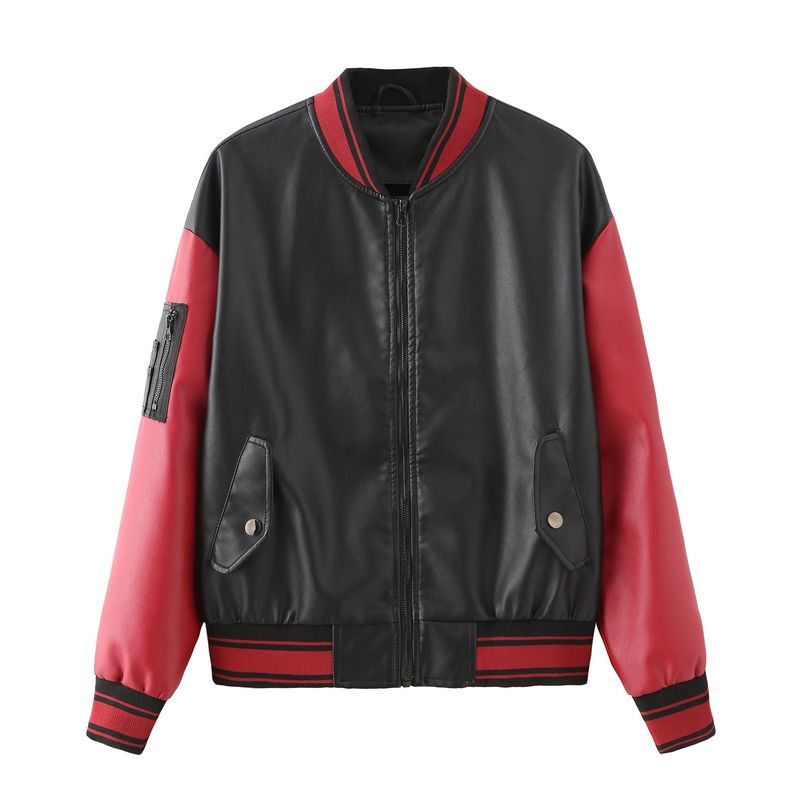 TIOZONEY - Chaqueta de cuero PU para mujer - Mangas Rojas