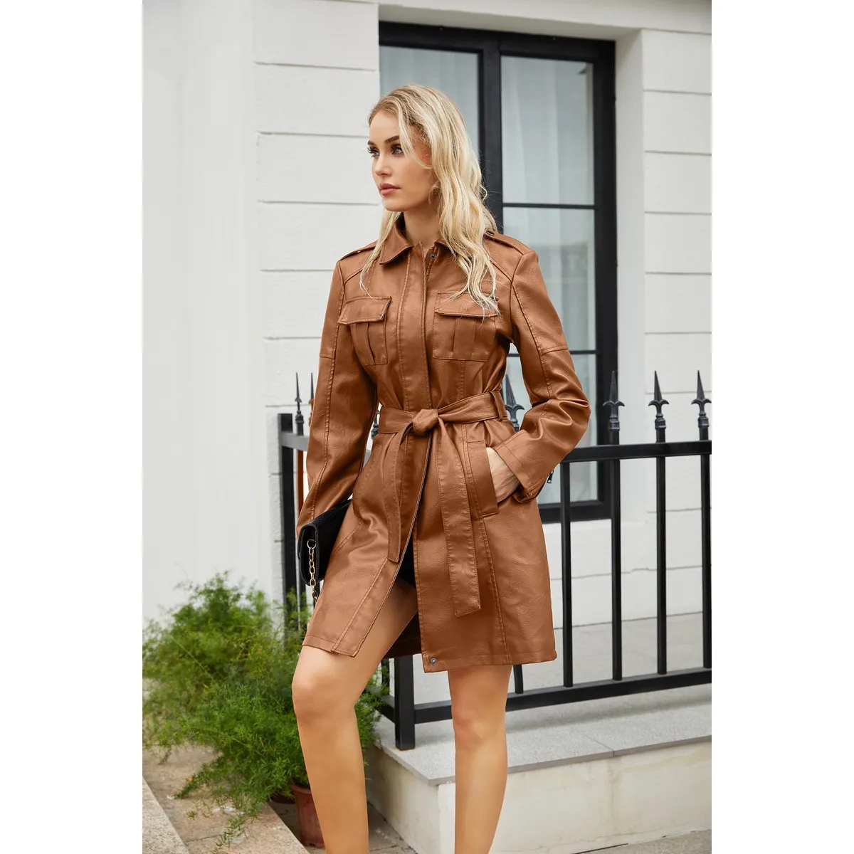 TIOZONEY - Abrigo de PU con cinturón para mujer - Café Claro