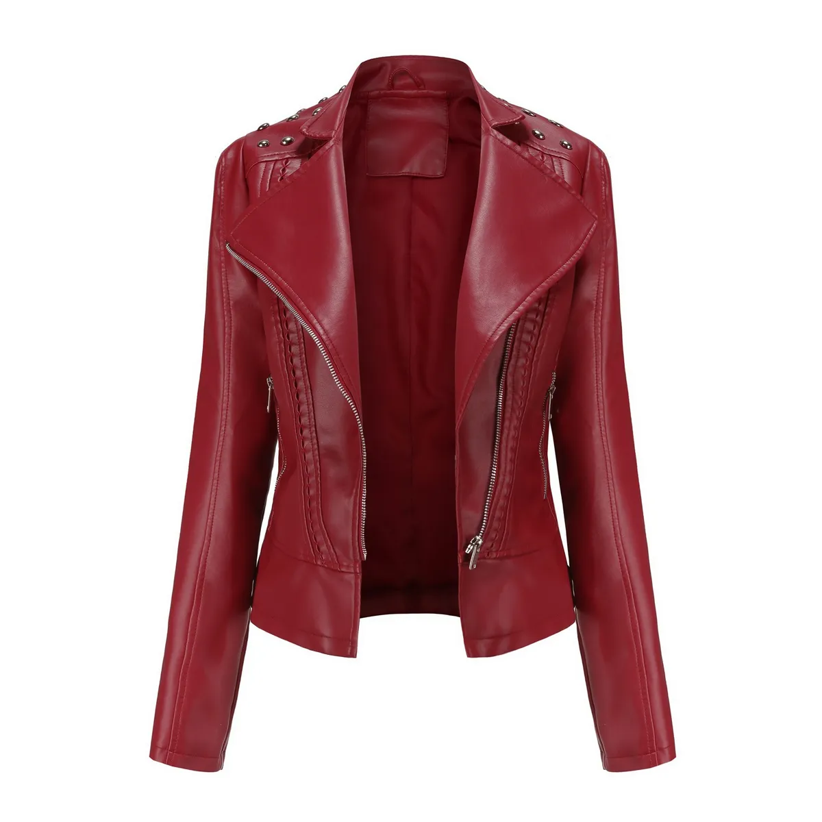 TIOZONEY - Chaqueta de PU y tachas para mujer - Rojo