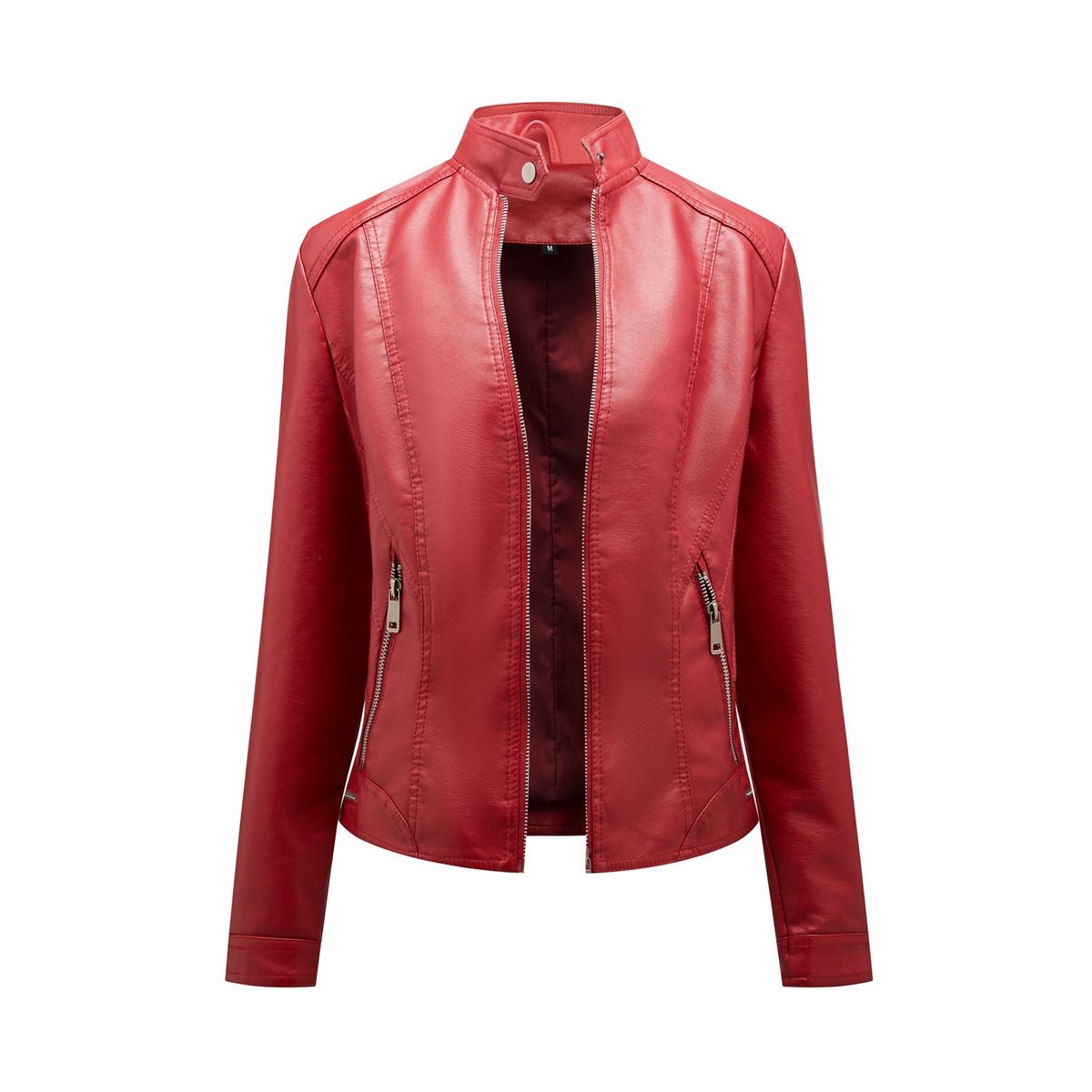 TIOZONEY - Chaqueta de PU con cuello alto para mujer - Rojo