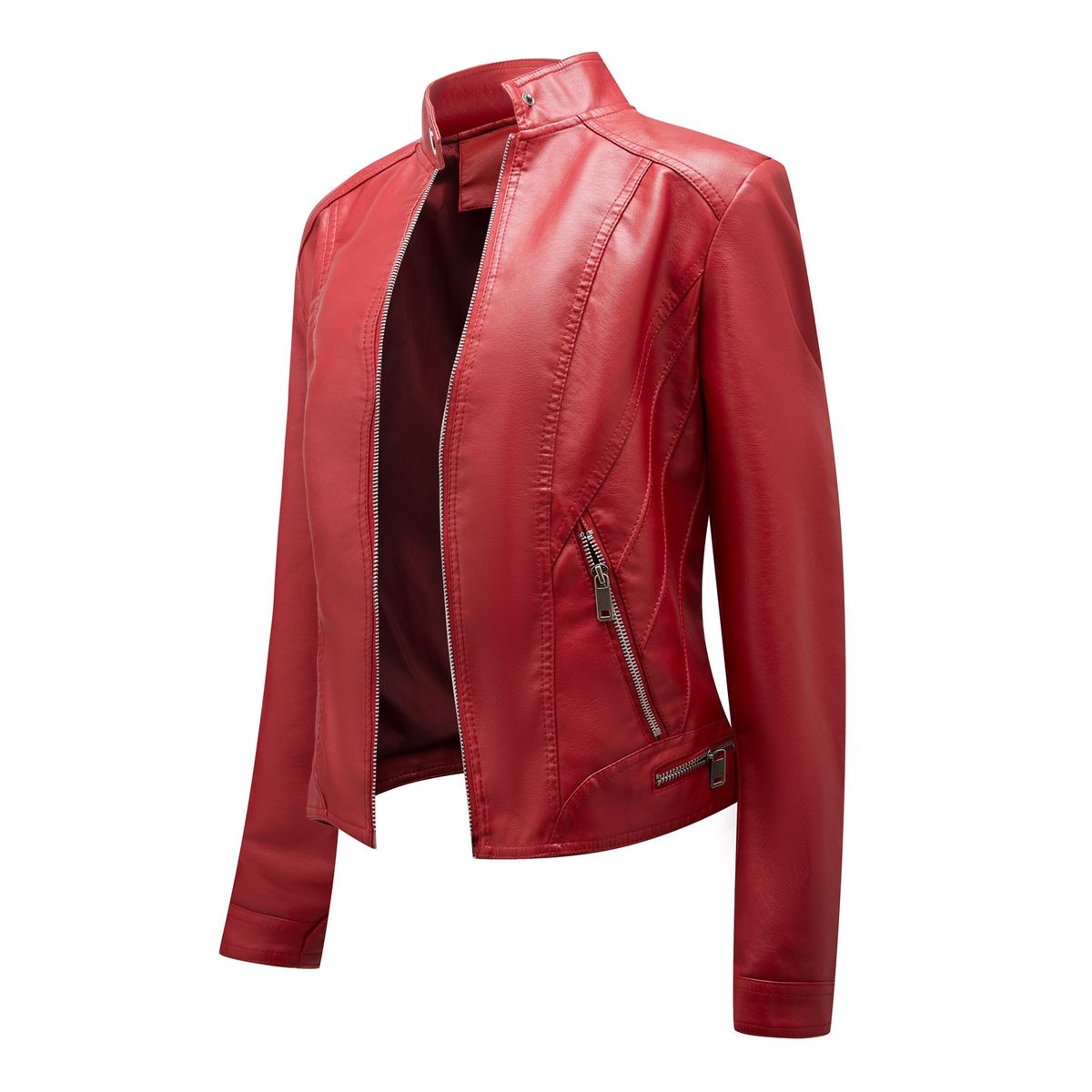 TIOZONEY - Chaqueta de PU con cuello alto para mujer - Rojo