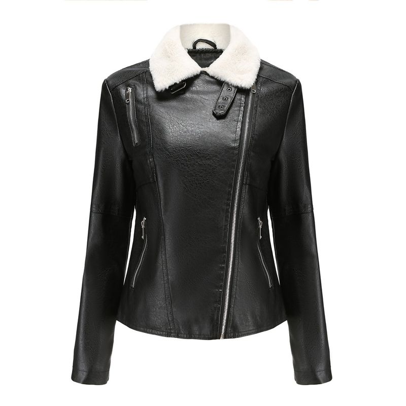TIOZONEY - Chaqueta de PU con cuello cálido para mujer - Negro