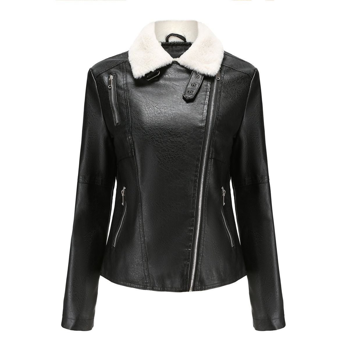 TIOZONEY - Chaqueta de PU con cuello cálido para mujer - Negro