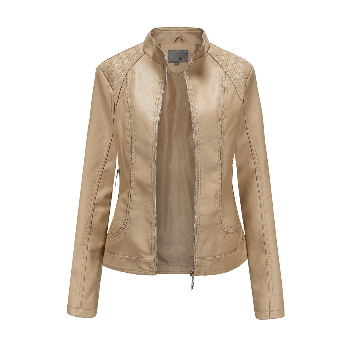 TIOZONEY - Chaqueta de PU casual PU cuello alto - Beige