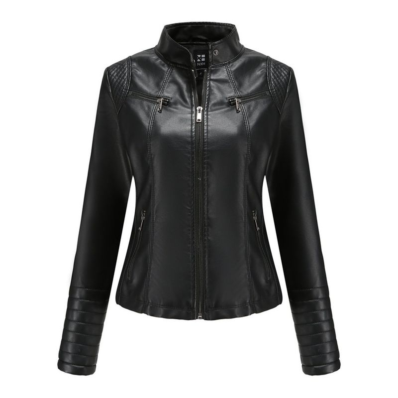 TIOZONEY - Chaqueta de cuero casual PU cuello alto - Negro