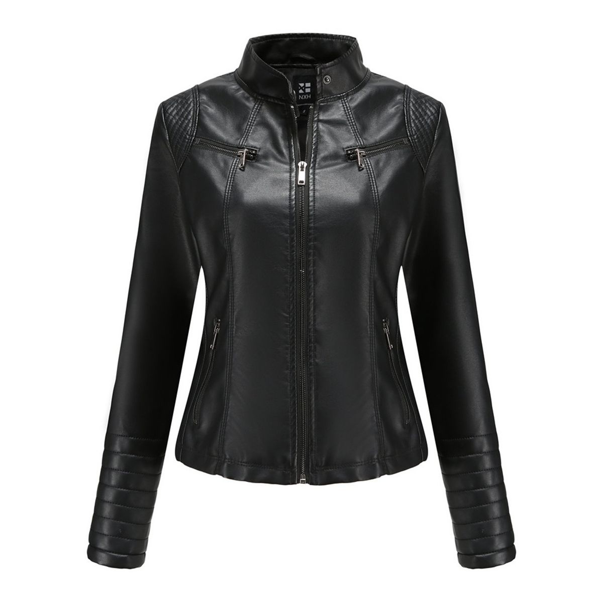 TIOZONEY - Chaqueta de PU casual PU cuello alto - Negro