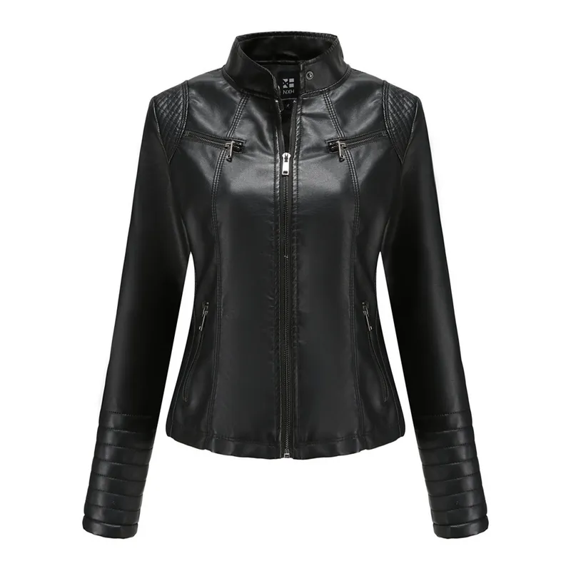 TIOZONEY - Chaqueta de cuero casual PU cuello alto - Negro