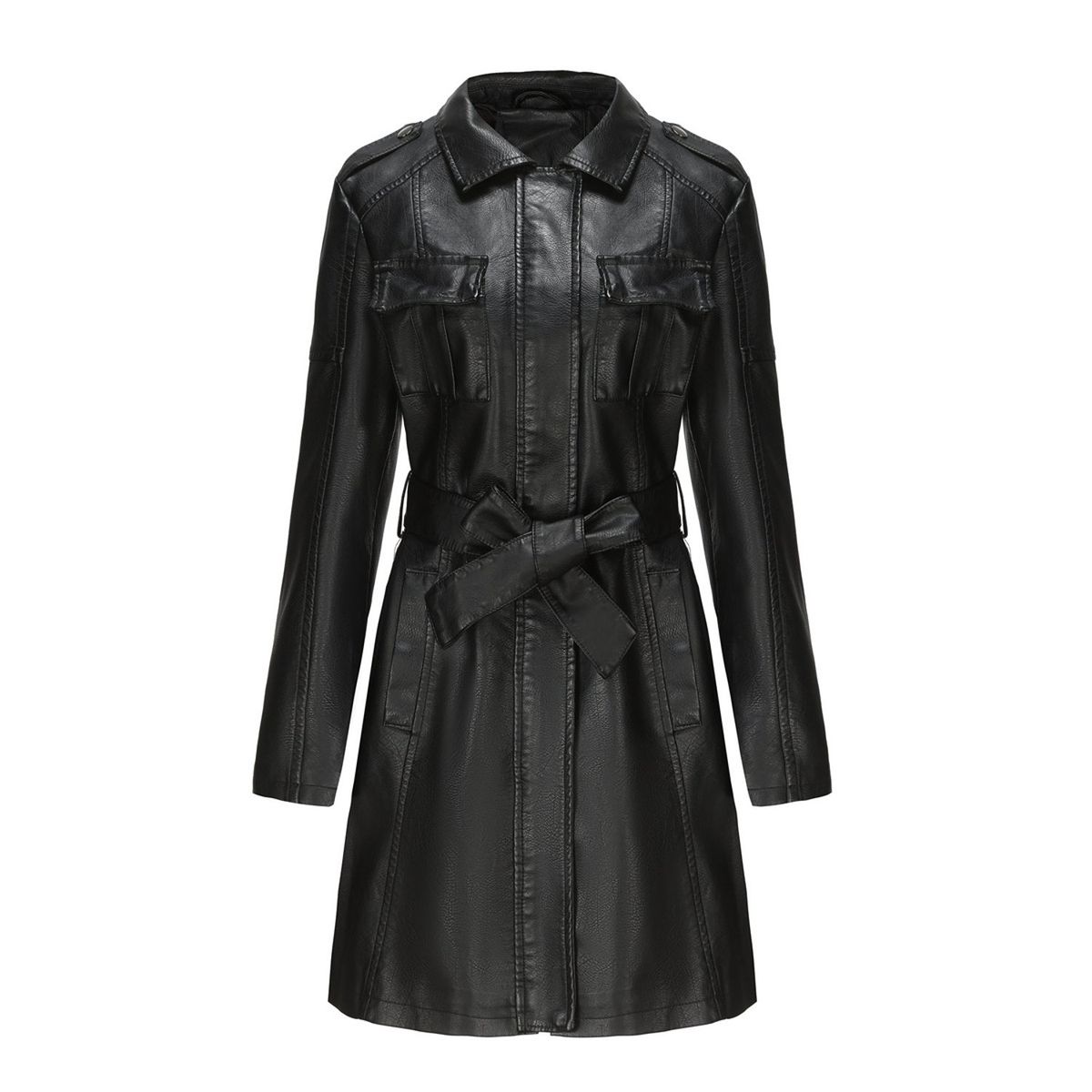 TIOZONEY - Abrigo de PU con cinturón para mujer - Negro