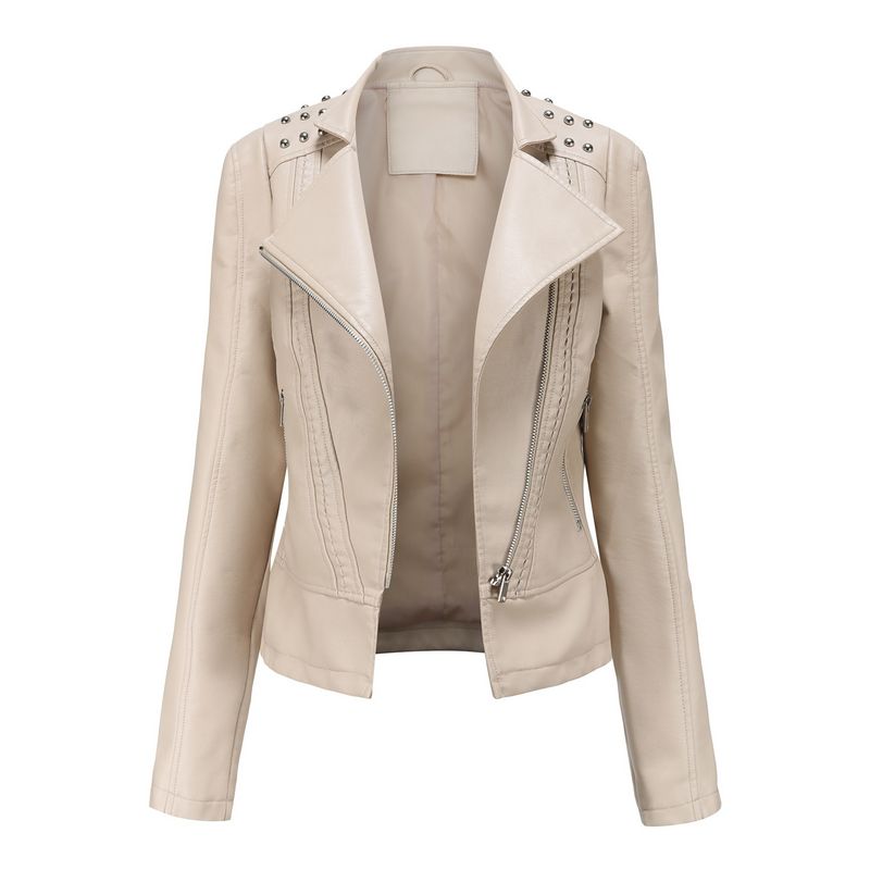 TIOZONEY - Chaqueta de PU para mujer Slim Thin - Crema