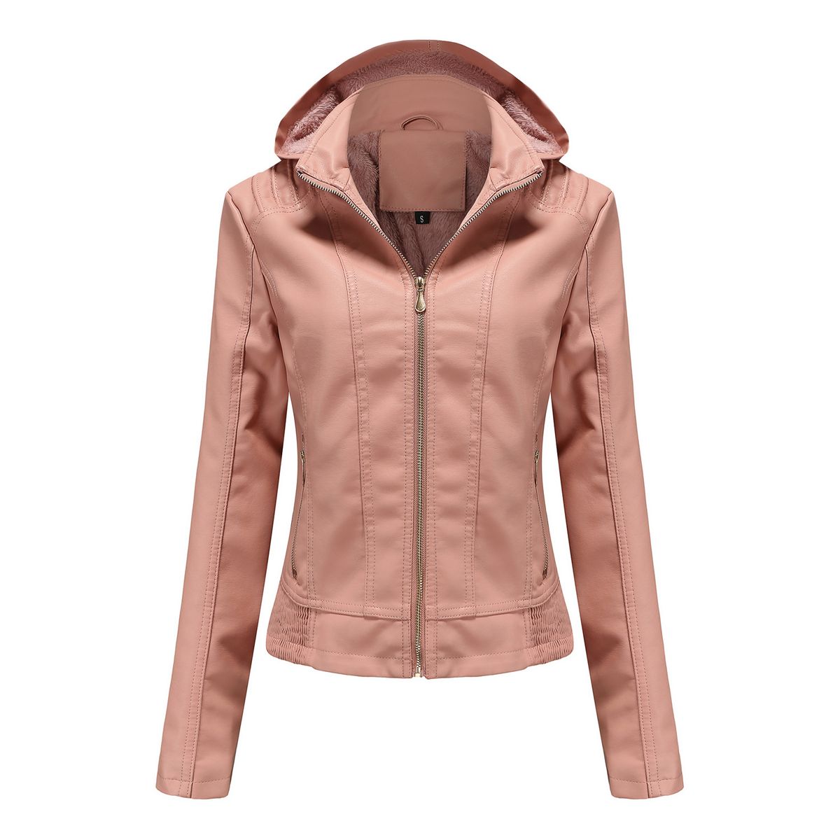 TIOZONEY - Chaqueta de PU para mujer con gorro desmontable - Rosado Claro