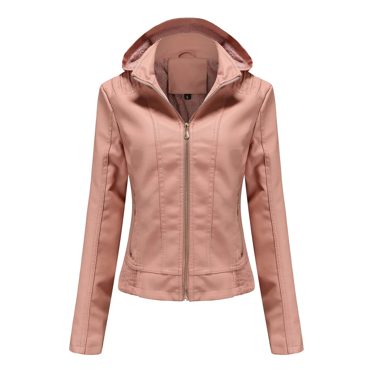 TIOZONEY - Chaqueta de PU para mujer con gorro desmontable - Rosado Claro