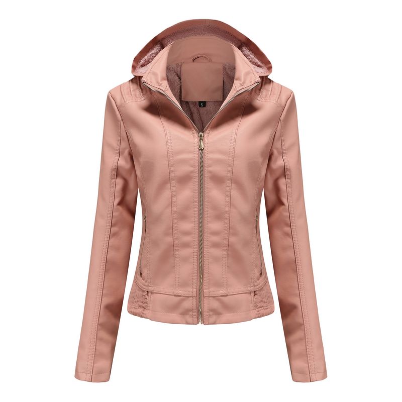 TIOZONEY - Chaqueta de PU para mujer con gorro desmontable - Rosado Claro