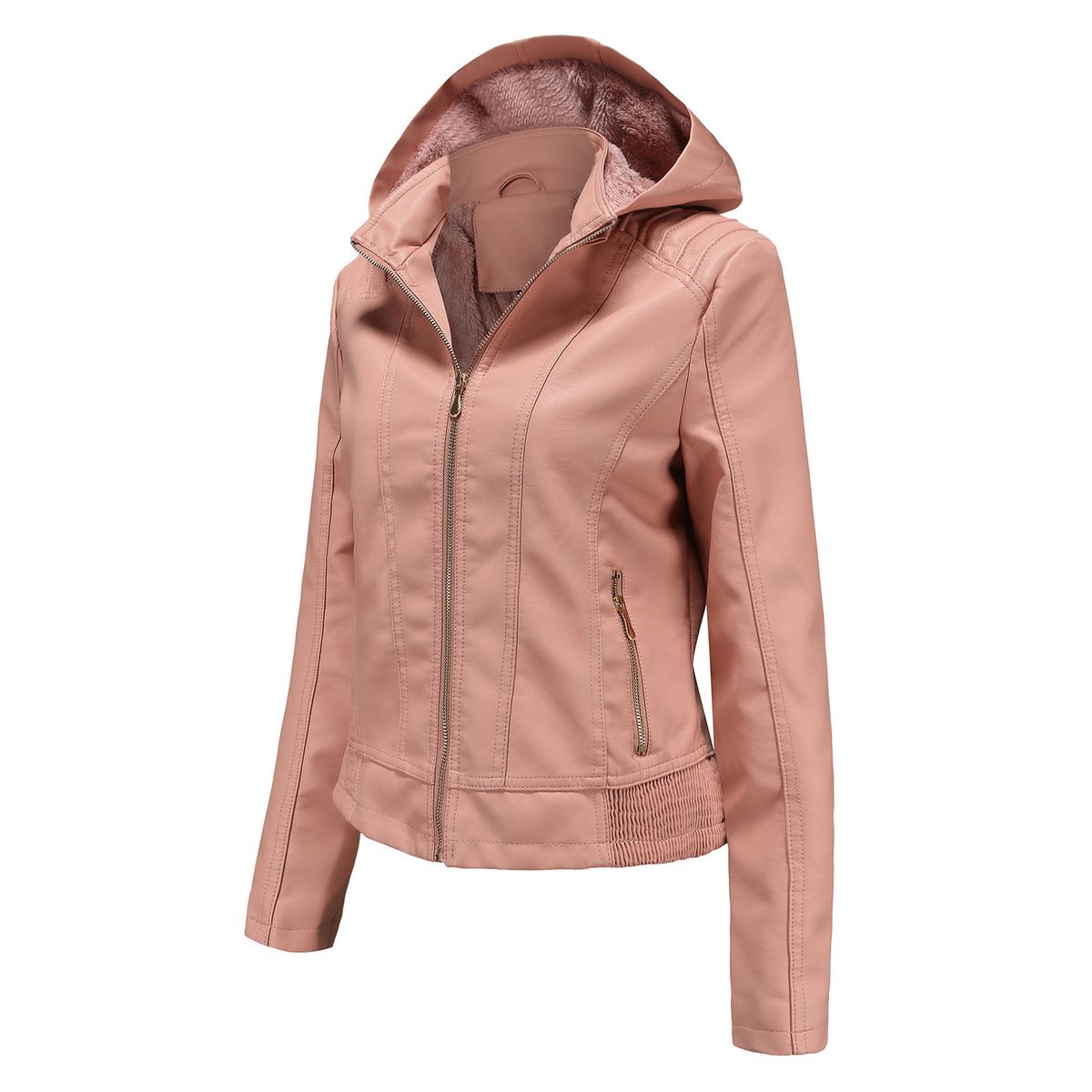 TIOZONEY - Chaqueta de PU para mujer con gorro desmontable - Rosado Claro