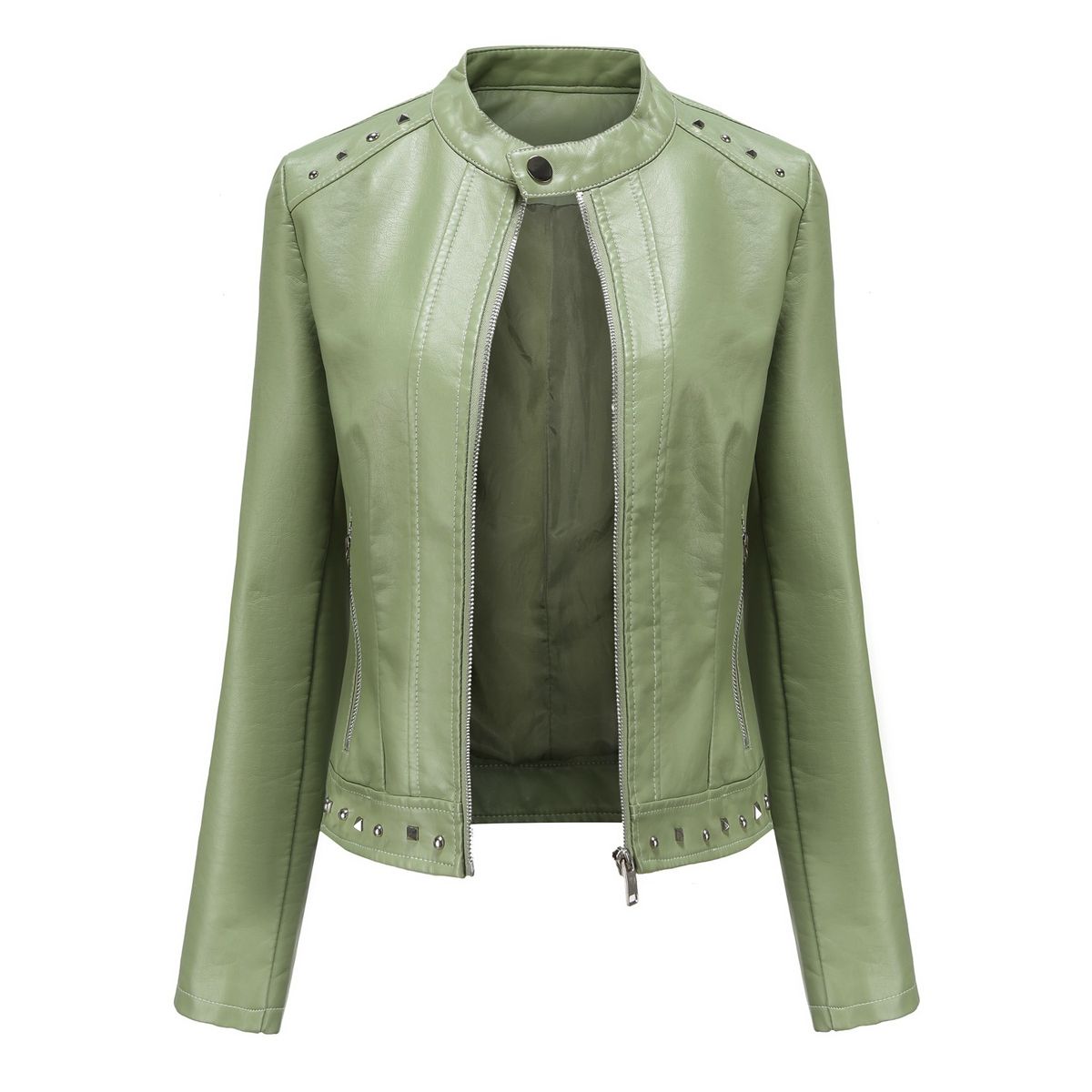TIOZONEY - Chaqueta de PU con tachuelas y cuello alto para mujer - Verde