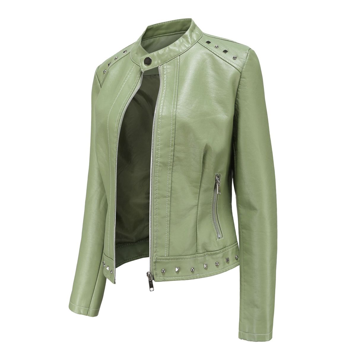 TIOZONEY - Chaqueta de PU con tachuelas y cuello alto para mujer - Verde