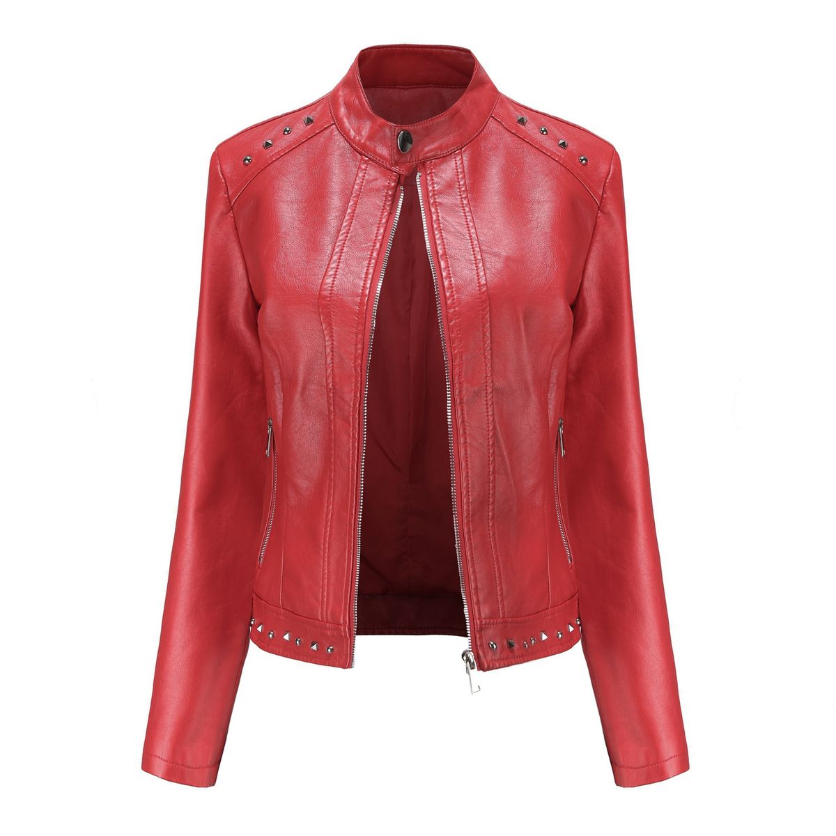 TIOZONEY - Chaqueta de PU con tachuelas y cuello alto para mujer - Rojo